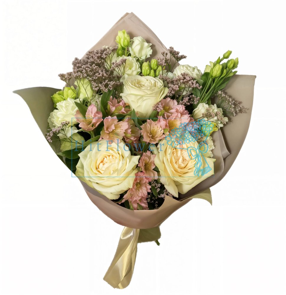 Букет цветов из: Розы, Лизиантусы и Альстромерии